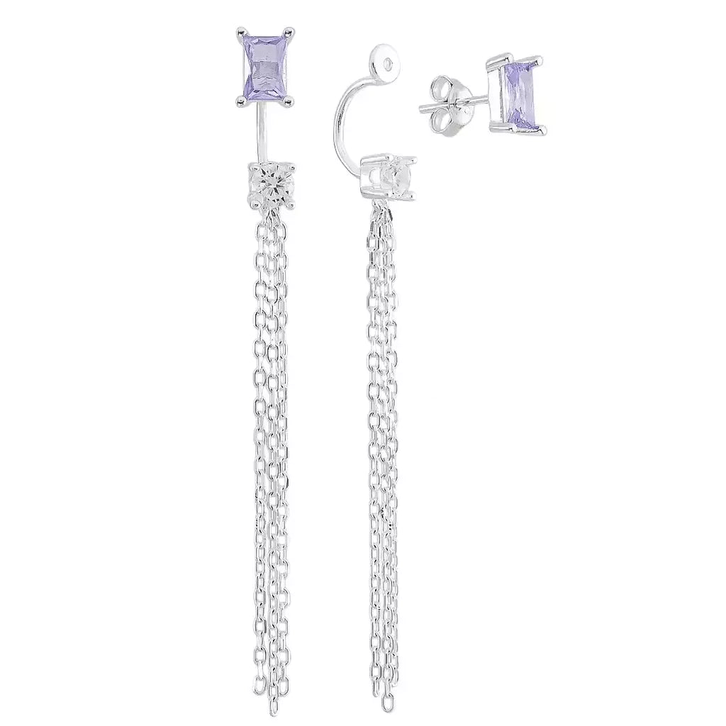 Brinco franja zircônia rosa lilás