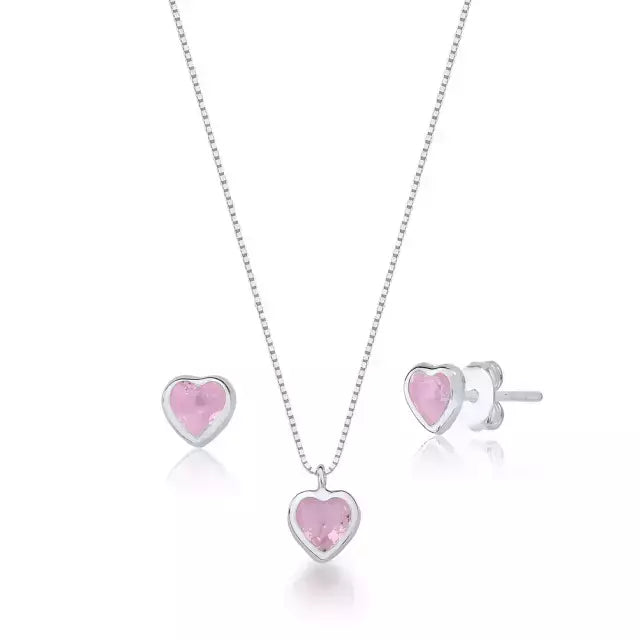 Kit colar + brincos coração ponto de luz rosa